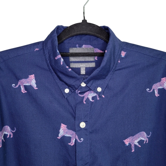 Bonobos Men's Slim Fit Blue Leopard Animal Print Button Down Shirt L/S Size L - Picture 2 of 7